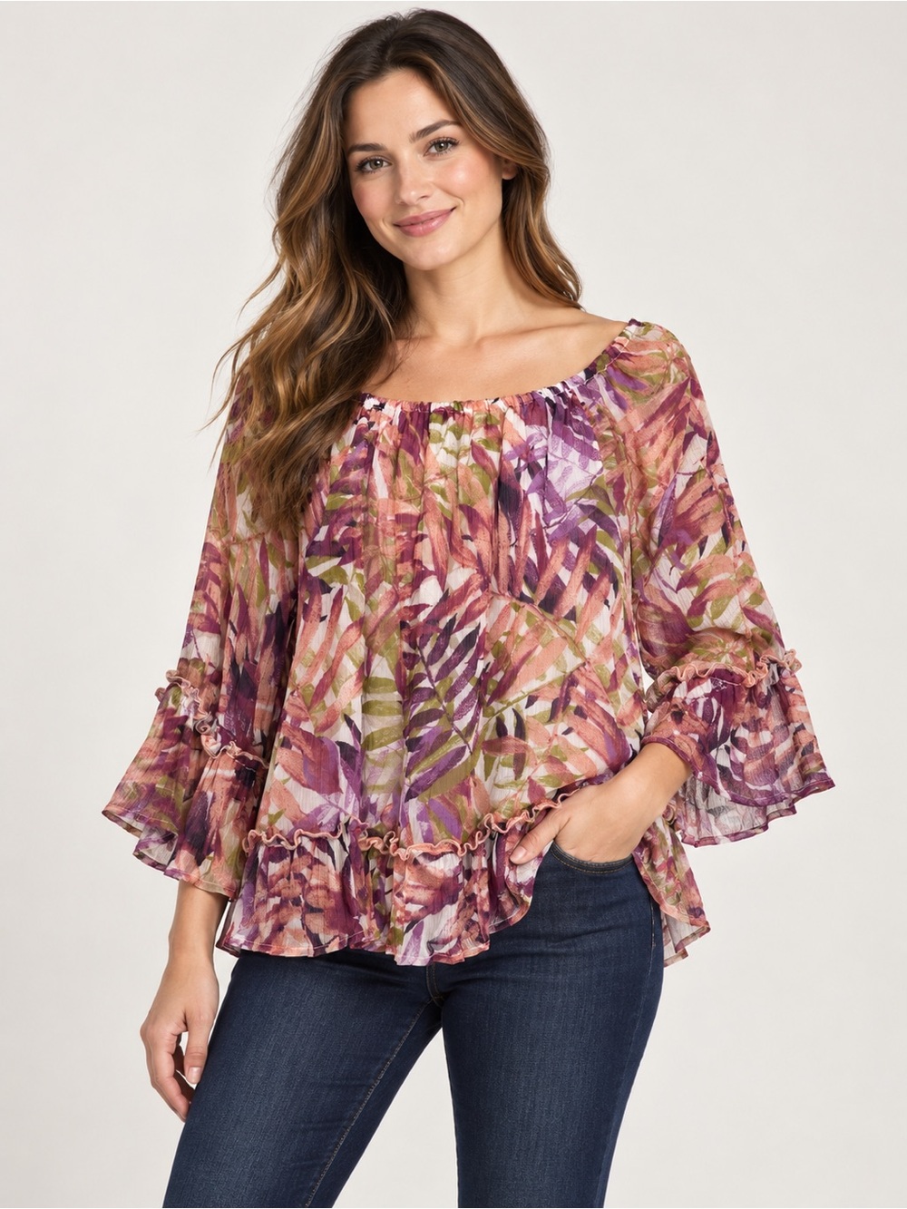 Lucky Brand M Purple Tropical Floral Print Ruffle Bell Sleeve Boho Lined Blouse